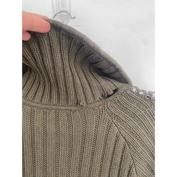 DKNY Long Olive Green Button Up Sweater Short Sleeve Collared Pockets Medium - Picture 6 of 9